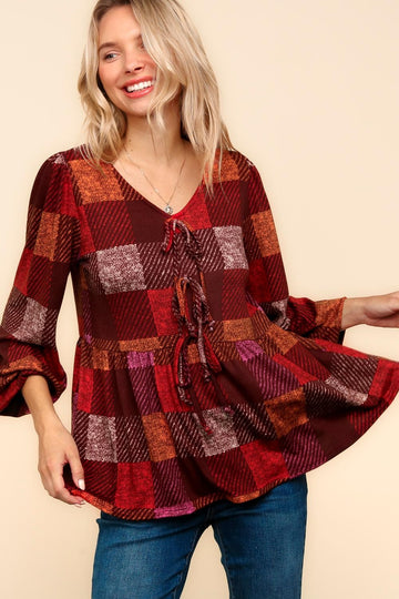 RIBBON TIE BABYDOLL PLAID BLOUSE TOP