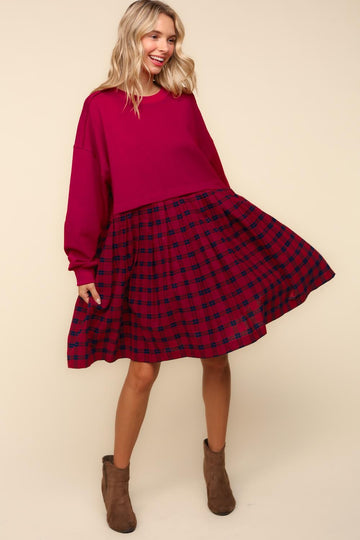 BURGUNDY BUBBLE LONG SLEEVE PLEATED SKIRT OVERSIZED