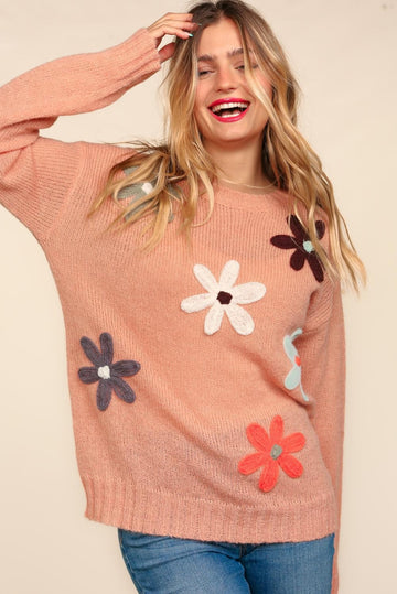 Plus Terracotta Long Sleeve Flower Patches Sweater Knit Top