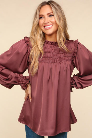 Plus Chestnut Mock Neck Satin Woven Blouse Top