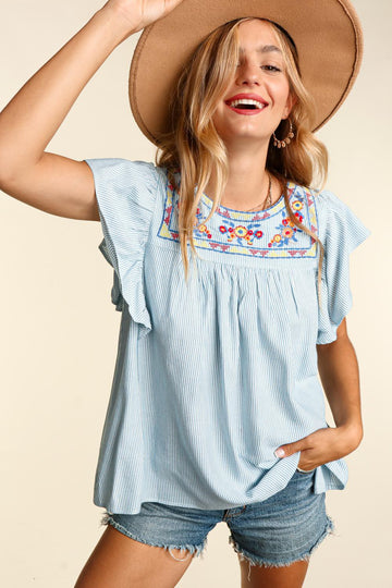 Denim Floral Embroidered Stripe Top