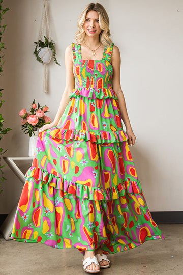 ABSTRACT PRINT TIERED MAXI DRESS FEATURING RUFFLED DETAIL