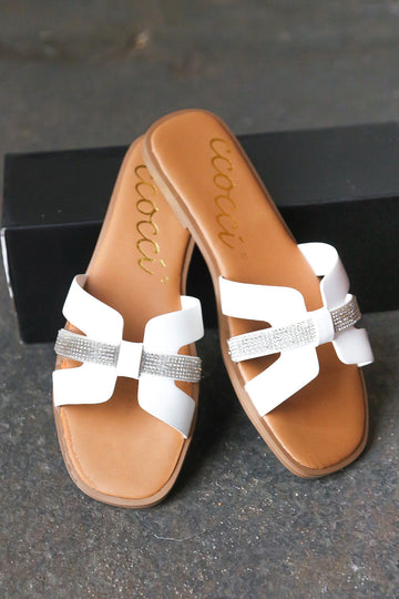 White Vegan Leather & Rhinestone Slide Sandals (Open Pack)