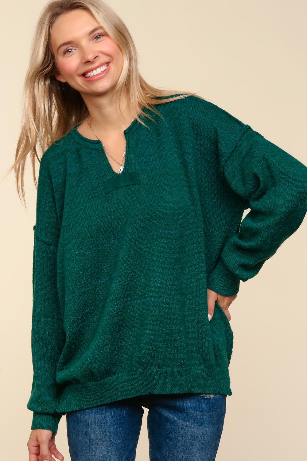 PLUS GREEN NOTCHED NECK OVERSIZED SWEATER KNIT HOLIDAY TOP