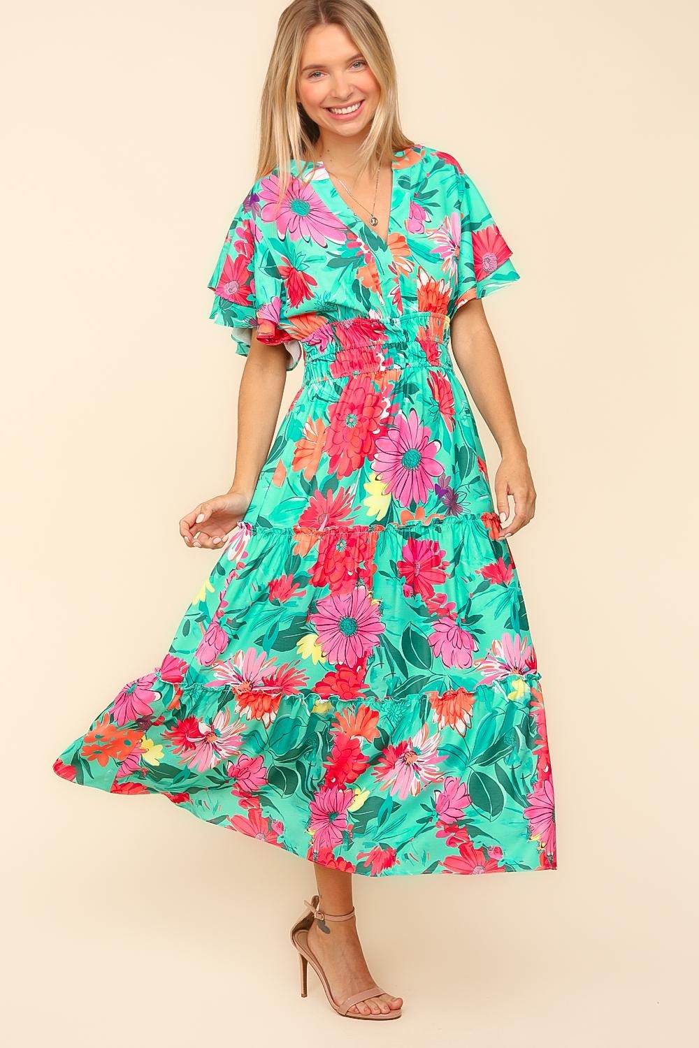 PLUS FLORAL MAXI LENGTH DRESS WITH SIDE POCKET