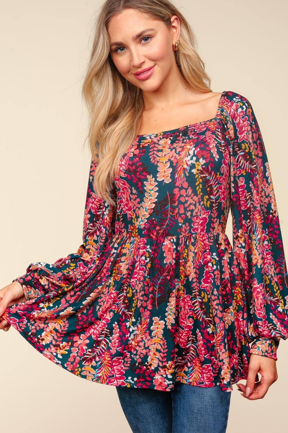 Hunter Green/Berry Square Neck Babydoll Vintage Floral Knit Top