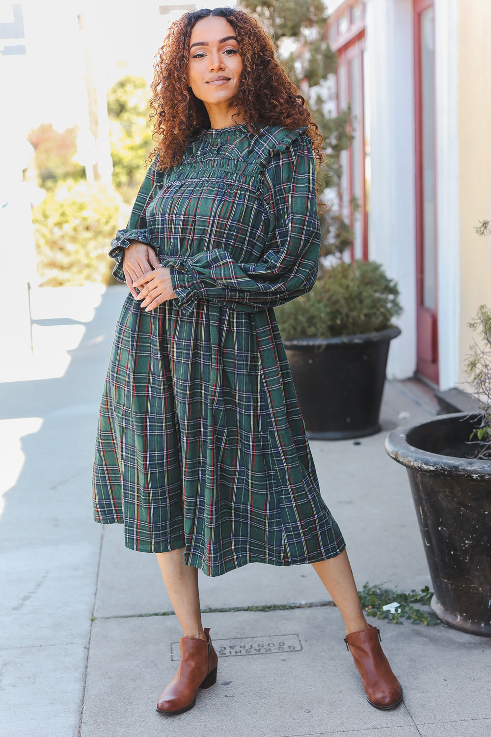 All I Want Hunter Green Plaid Check Woven Pocketed Dress (Open Pack)