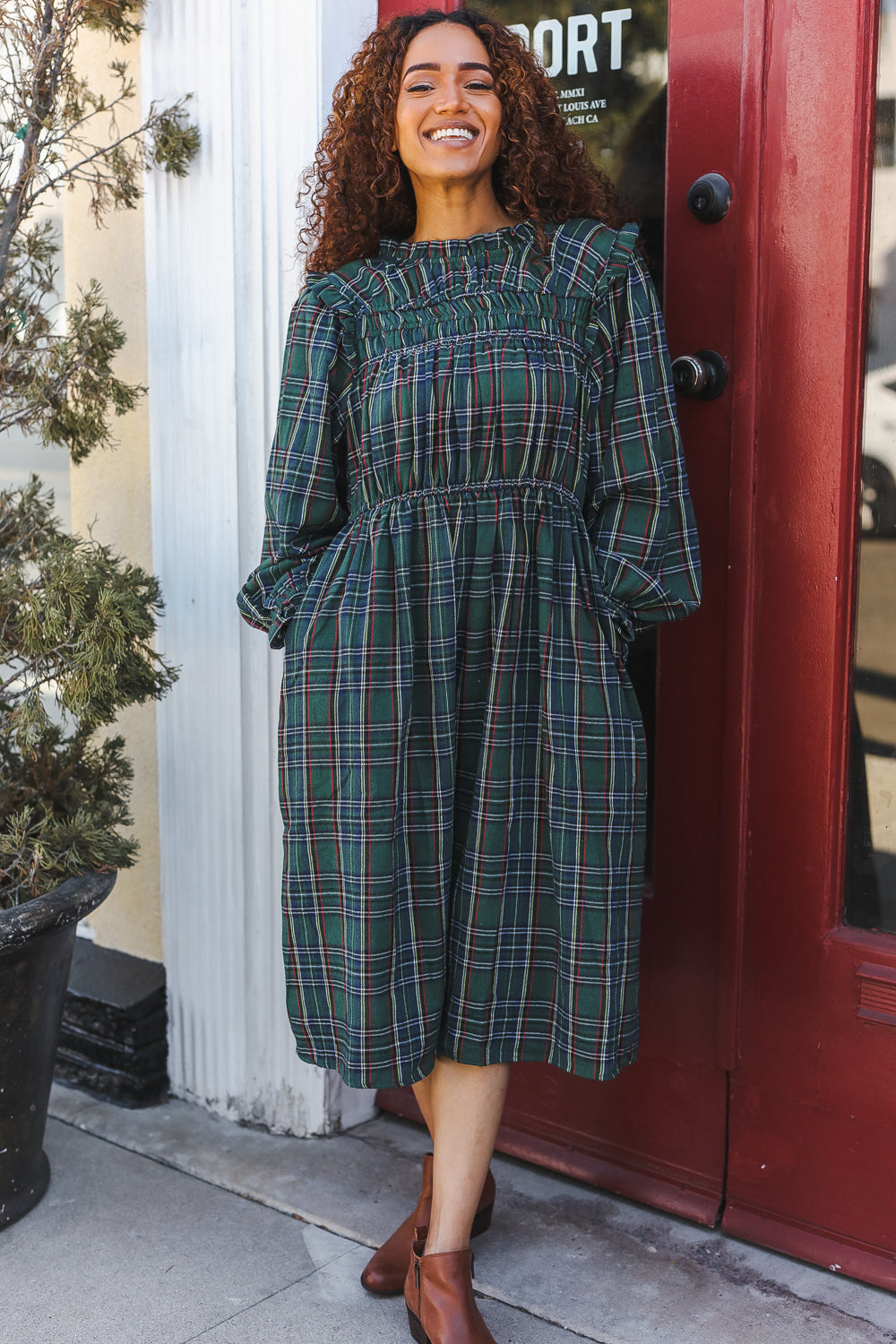 All I Want Hunter Green Plaid Check Woven Pocketed Dress (Open Pack)