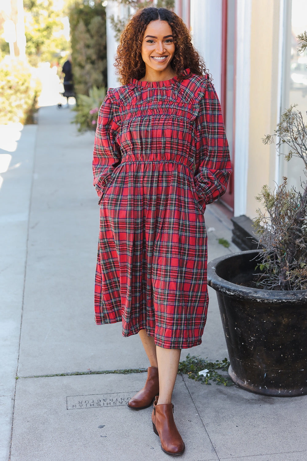 All I Want Hunter Red Plaid Check Woven Pocketed Dress (Open Pack)