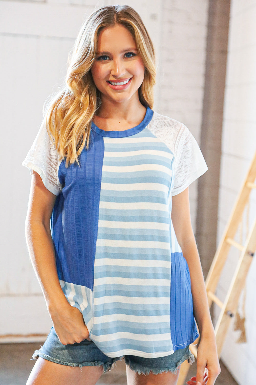 Blue Rib Terry Lace & Stripe Color Block Top (Open Pack)