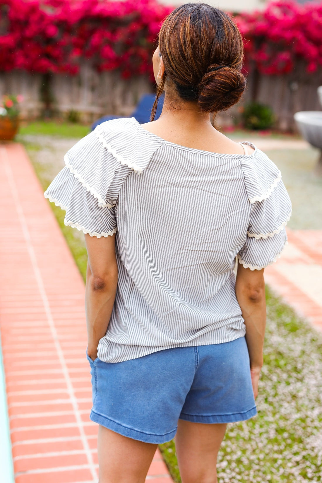 Lovely In Gray Stripe Tiered Ruffle Sleeve Ric Rac Trim Top (Open Pack)