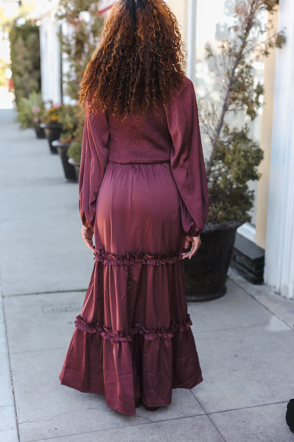 Holiday Vibes Wine Satin Front Overlap Smocked Back Maxi Dress (Open Pack)