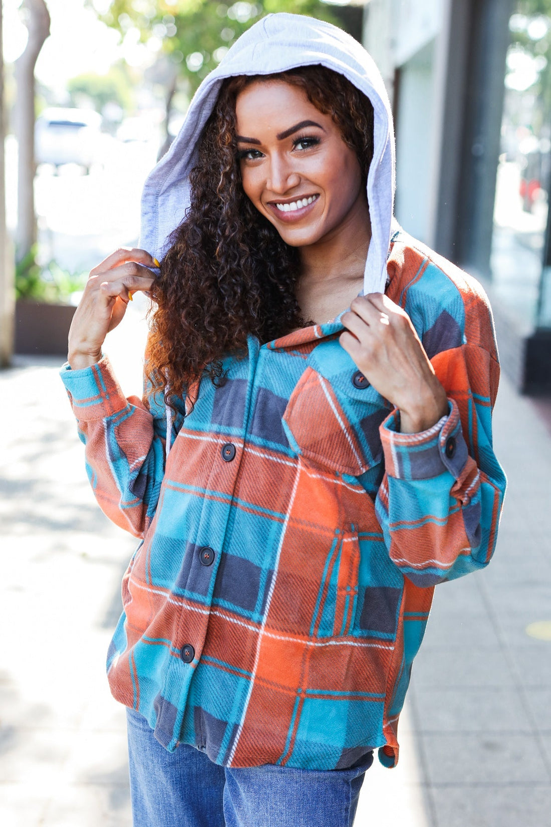 Stand Out Teal & Orange Plaid Fleece Hoodie Shacket (Open Pack)