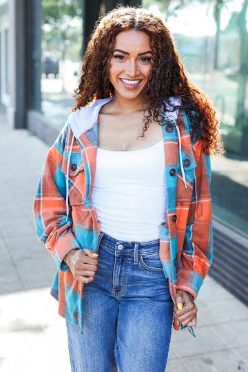 Stand Out Teal & Orange Plaid Fleece Hoodie Shacket (Open Pack)