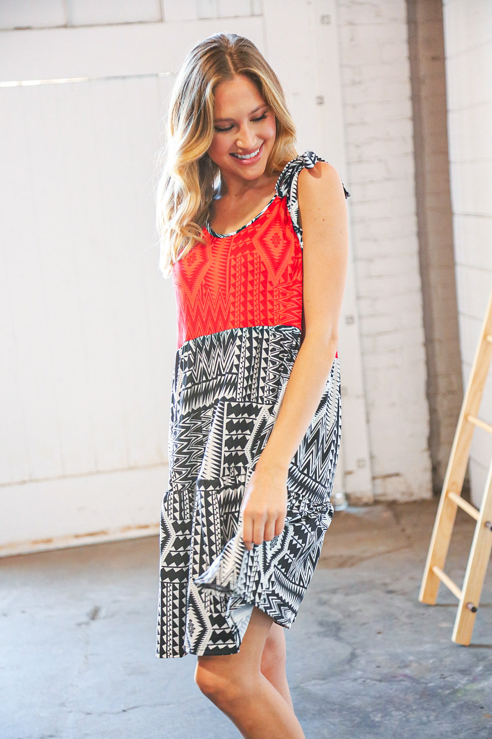 Red/Black Aztec Shoulder Tie Knot Tiered Dress (Open Pack)