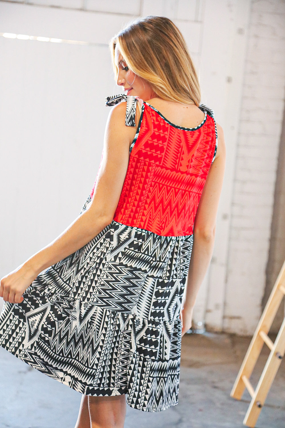 Red/Black Aztec Shoulder Tie Knot Tiered Dress (Open Pack)