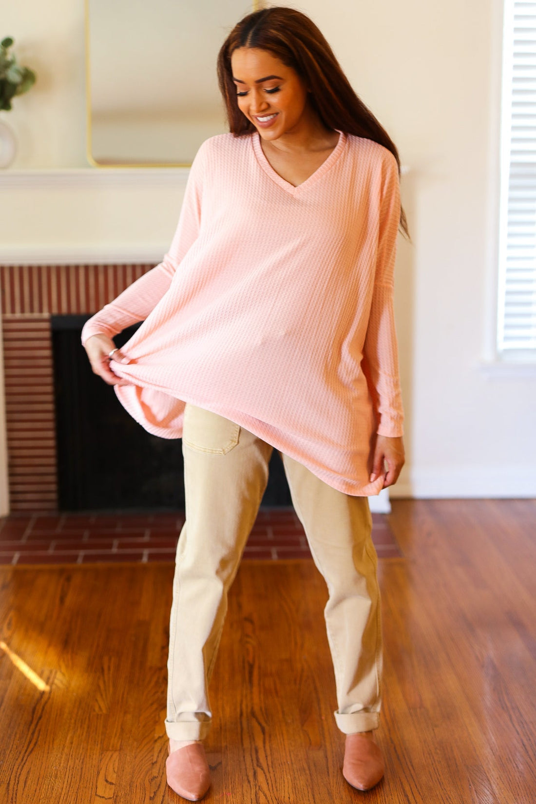 All For Love Peach Waffle Knit V Neck Dolman Top (Open Pack)