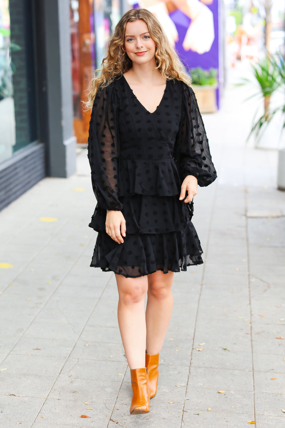 Holiday Vixen Black Chiffon Swiss Dot V Neck Tiered Ruffle Dress (Open Pack)