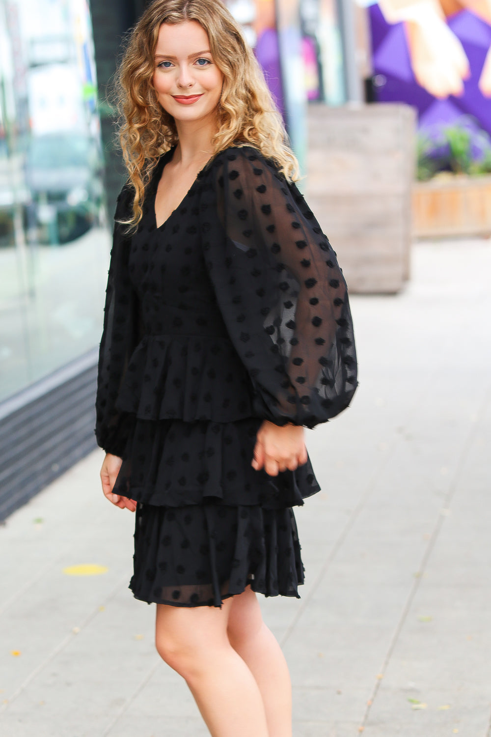 Holiday Vixen Black Chiffon Swiss Dot V Neck Tiered Ruffle Dress (Open Pack)