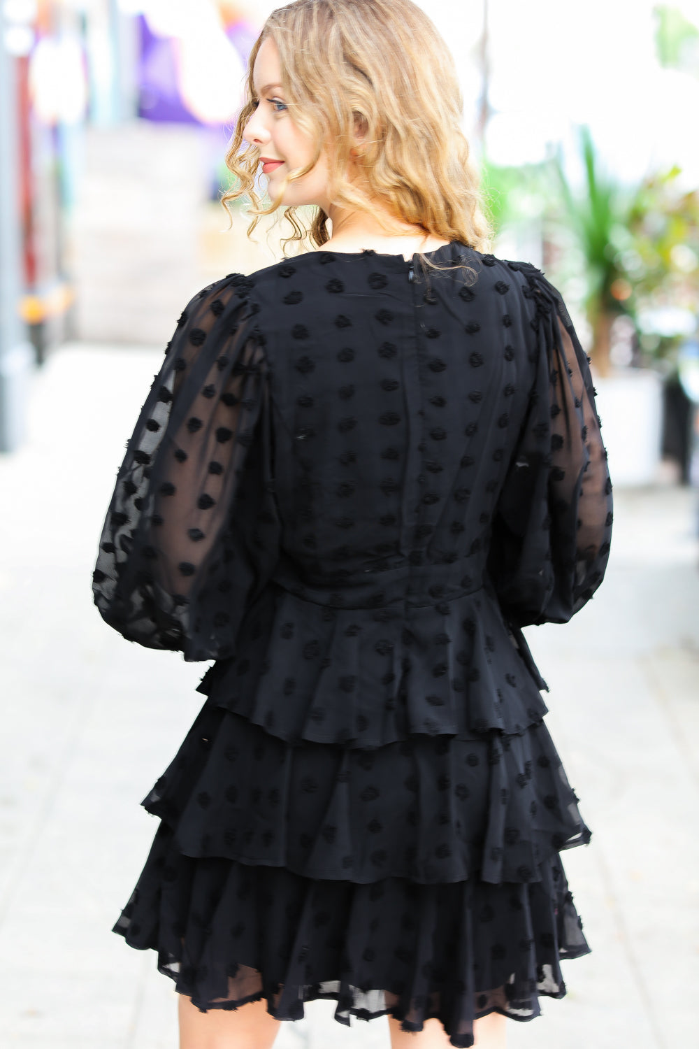 Holiday Vixen Black Chiffon Swiss Dot V Neck Tiered Ruffle Dress (Open Pack)