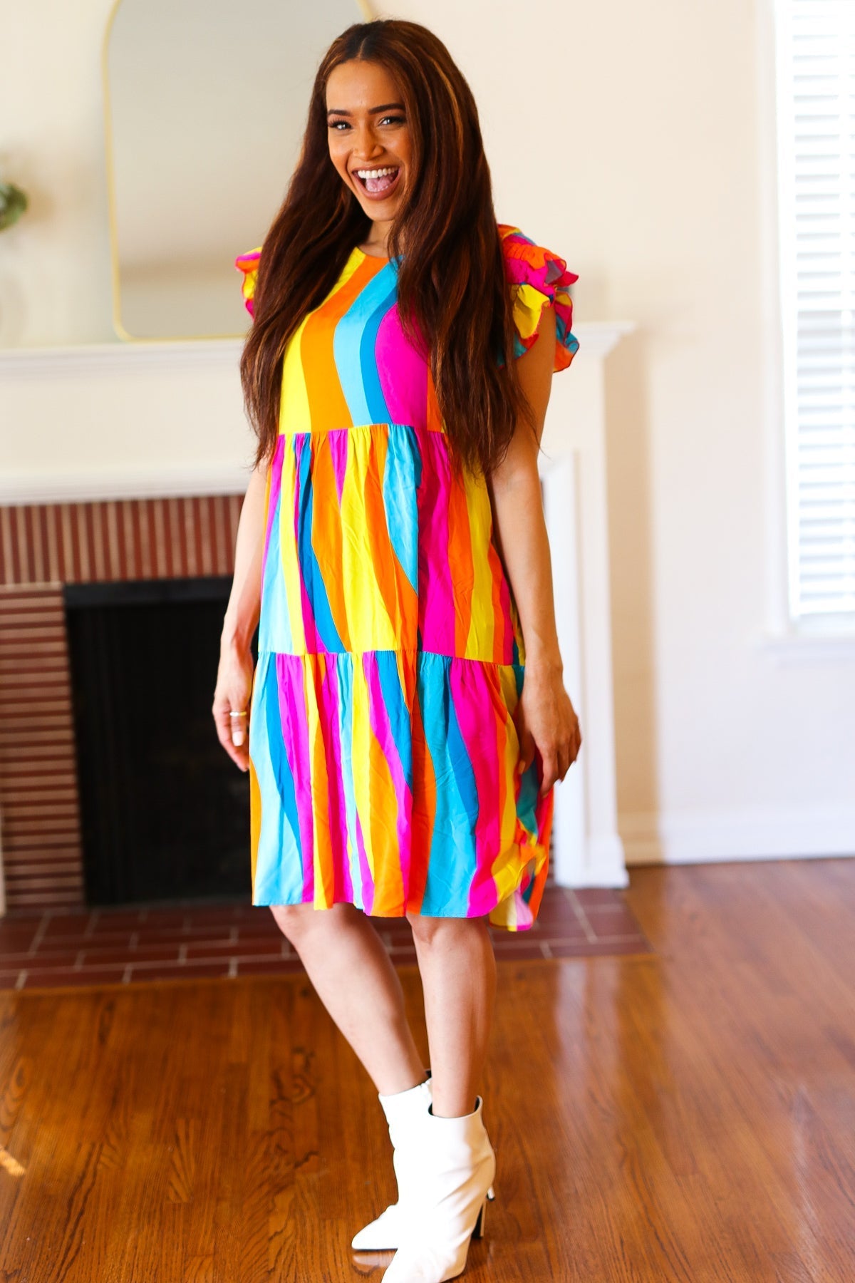 Eyes On You Multicolor Abstract Print Smocked Ruffle Sleeve Dress (Open Pack)