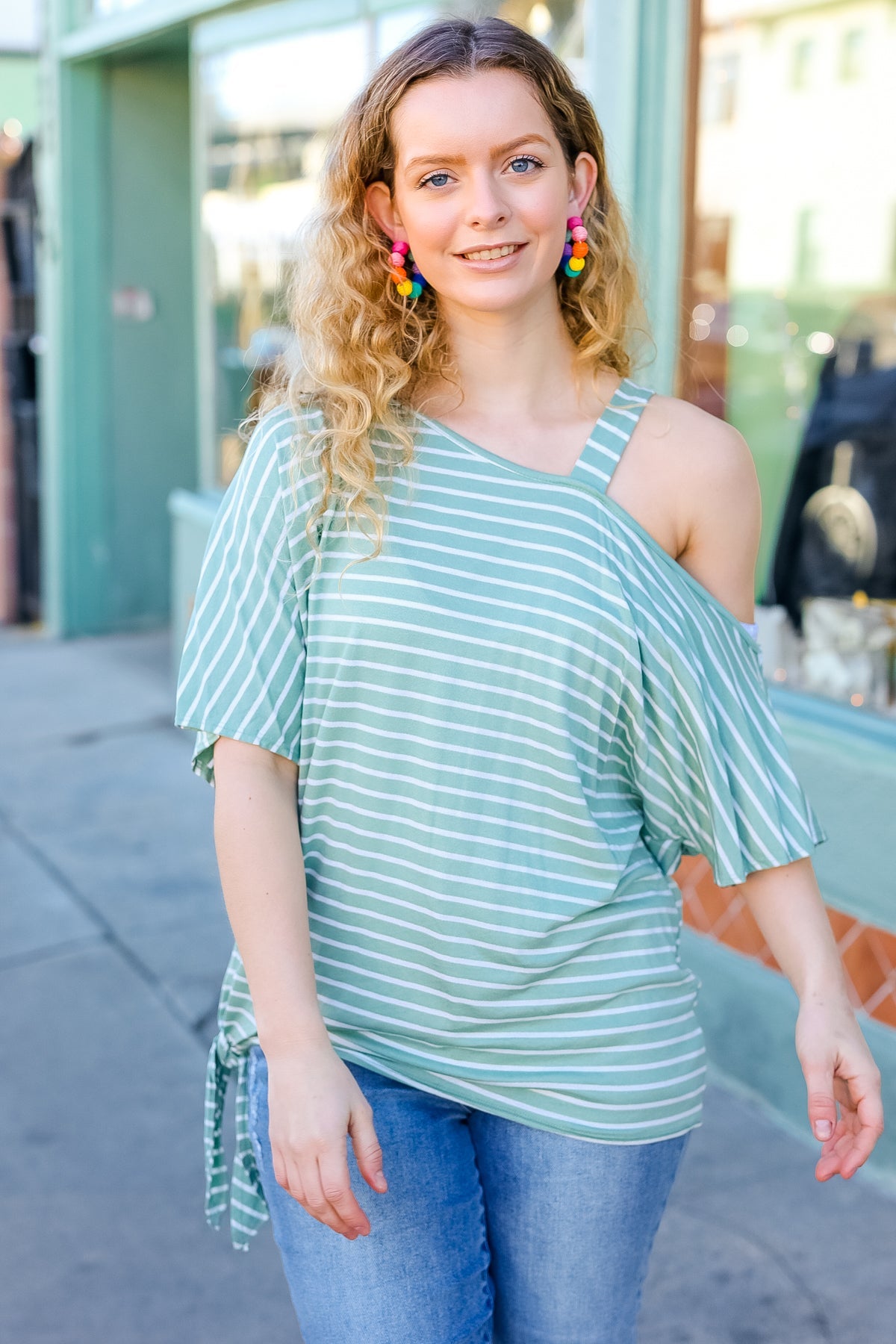 Plus Sage Ivory Stripe One Shoulder Banded Dolman Top