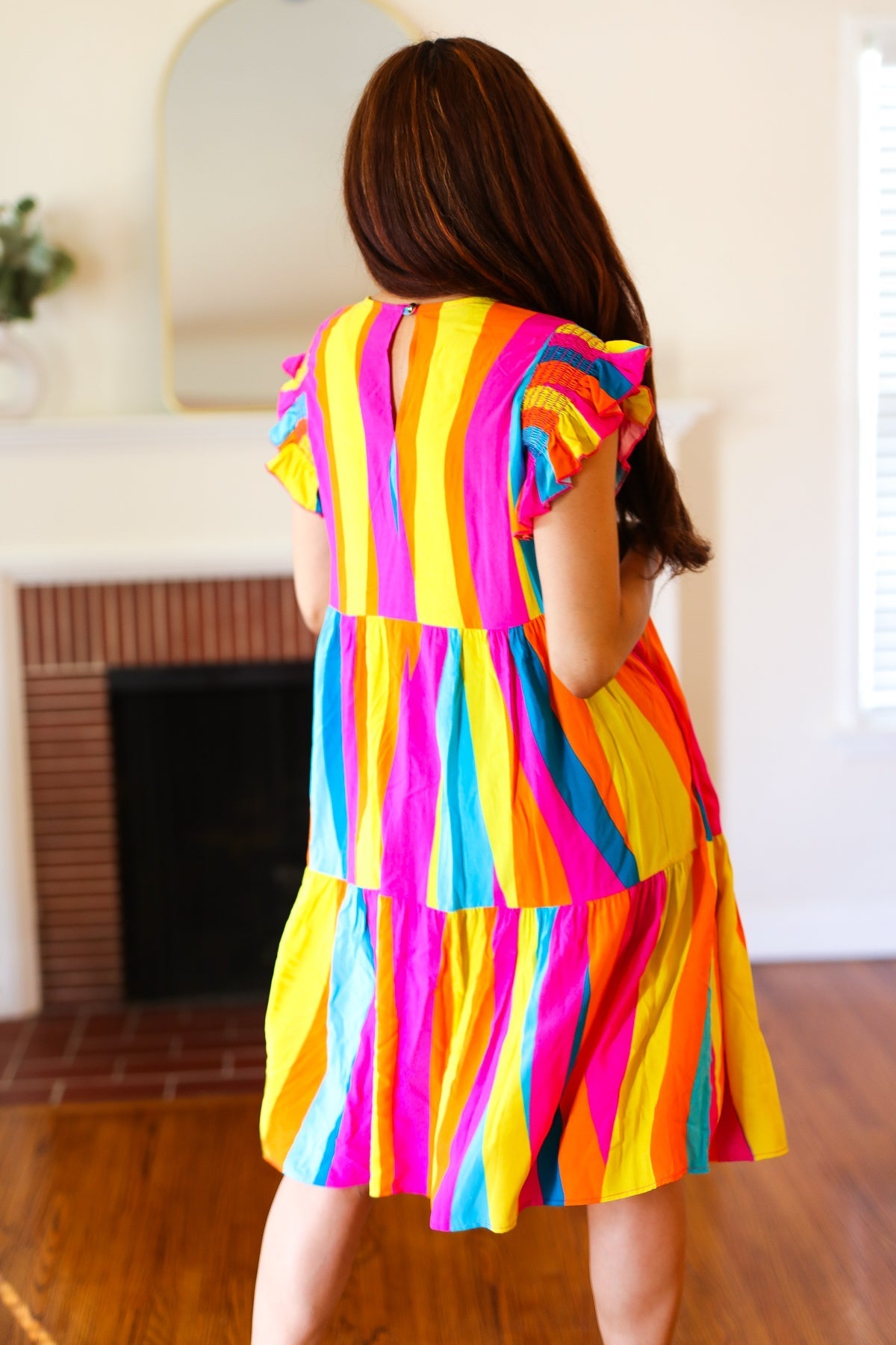 Eyes On You Multicolor Abstract Print Smocked Ruffle Sleeve Dress (Open Pack)