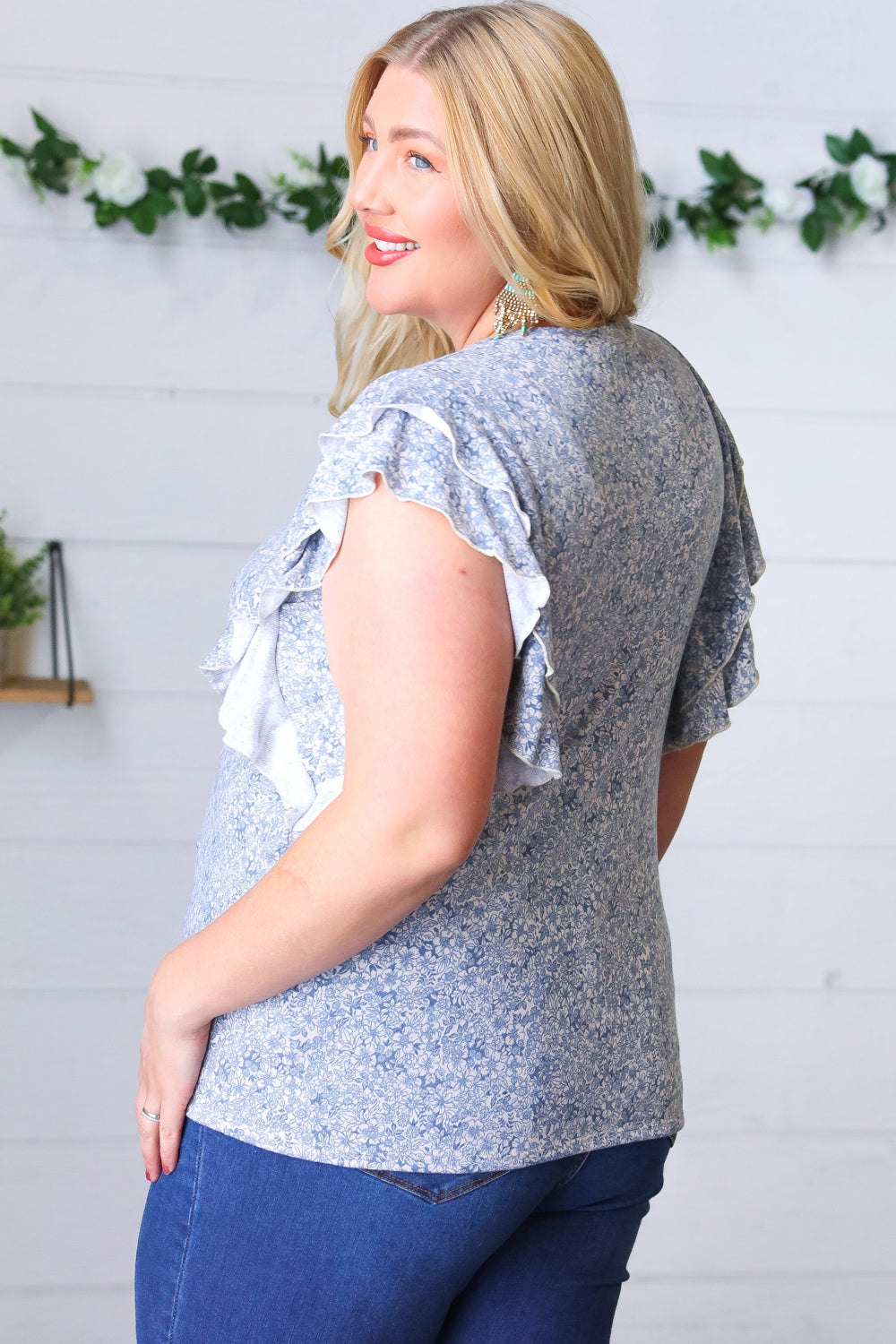 Washed Blue Floral Tiered Flutter Sleeve Top (Open Pack)