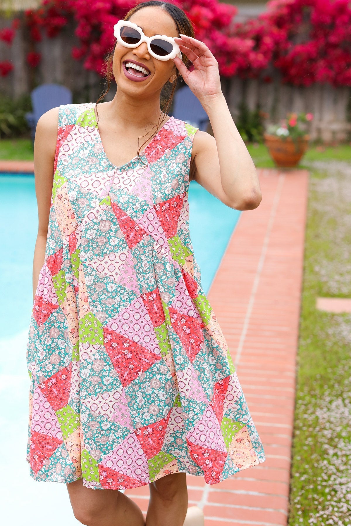 Hello Beautiful Peach & Sage Patchwork Babydoll Swing Dress (Open Pack)