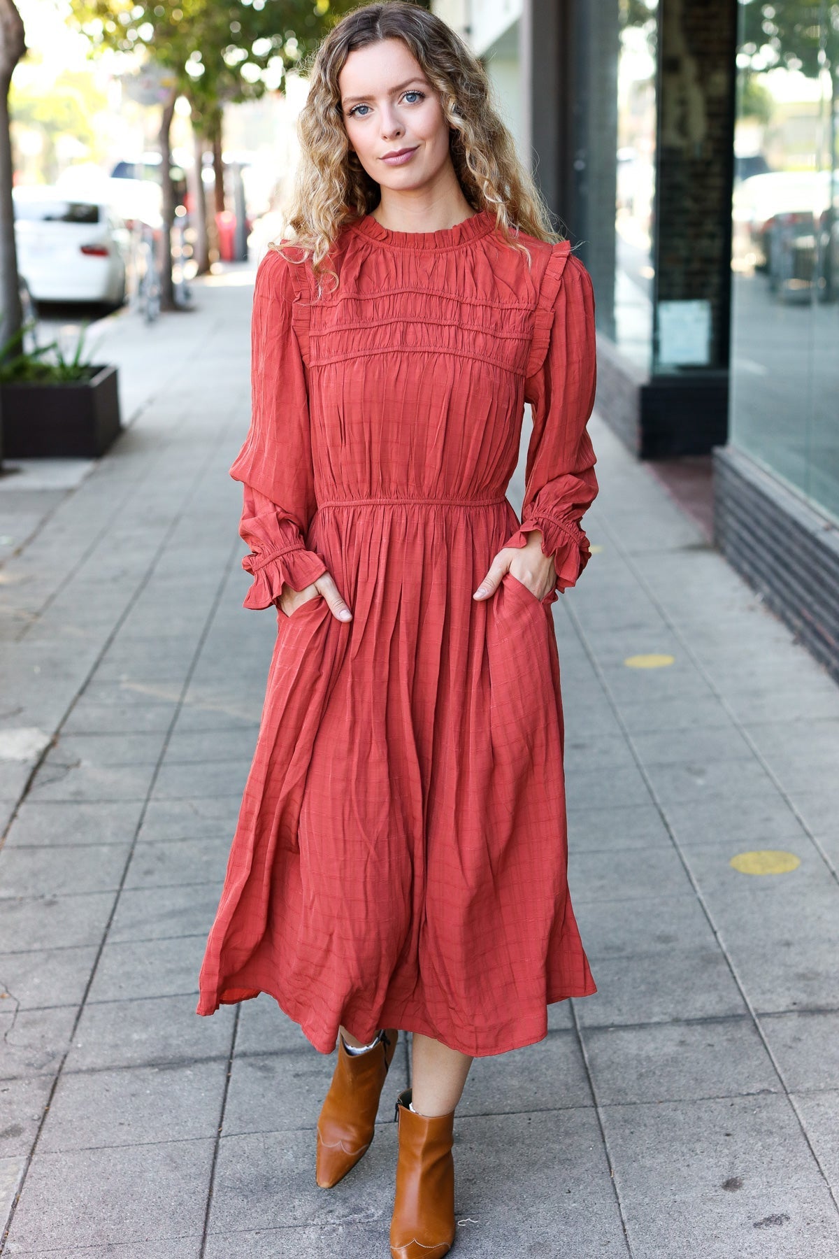 Love Found Rust Mock Neck Embossed Lined Dress (Open Pack)