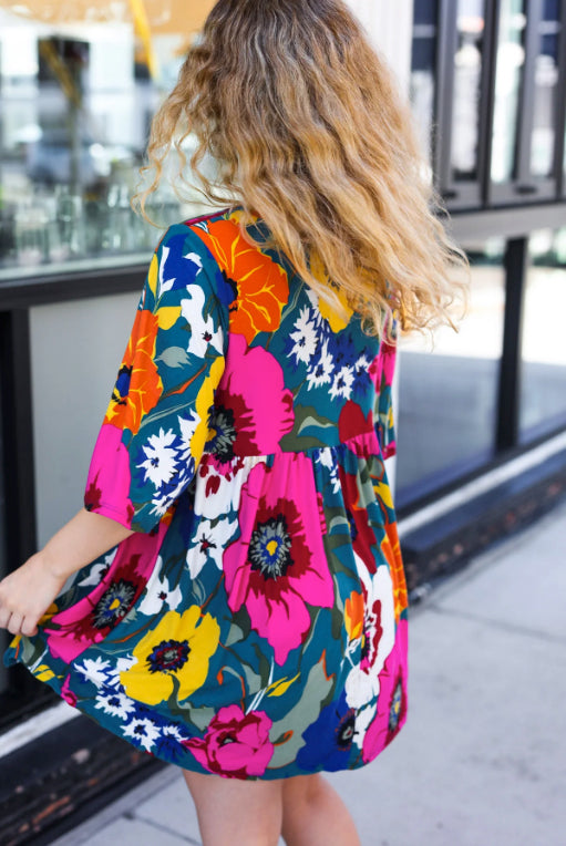 Hello Beautiful Teal Floral Print V Neck Babydoll Dress (Open Pack)