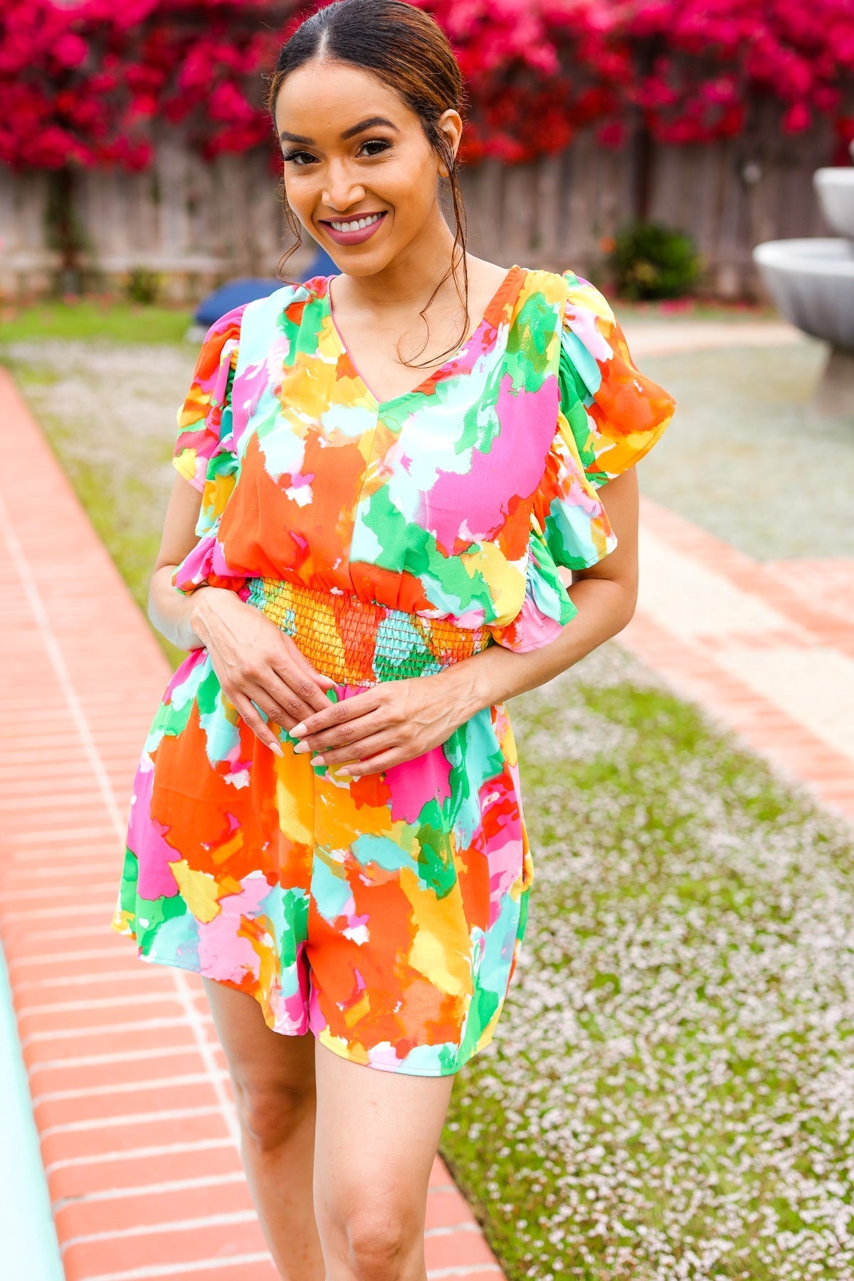 Under The Sun Abstract Floral Smocked Waist V Neck Flutter Sleeve Romper (Open Pack)
