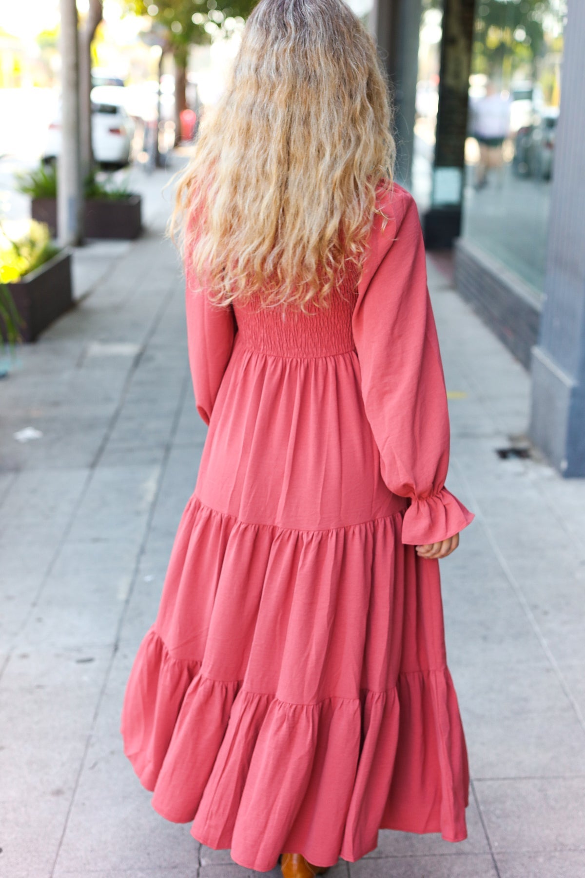 Beautiful You Lock Eyes Marsala Smocked Ruffle Sleeve Maxi Dress (Open Pack)