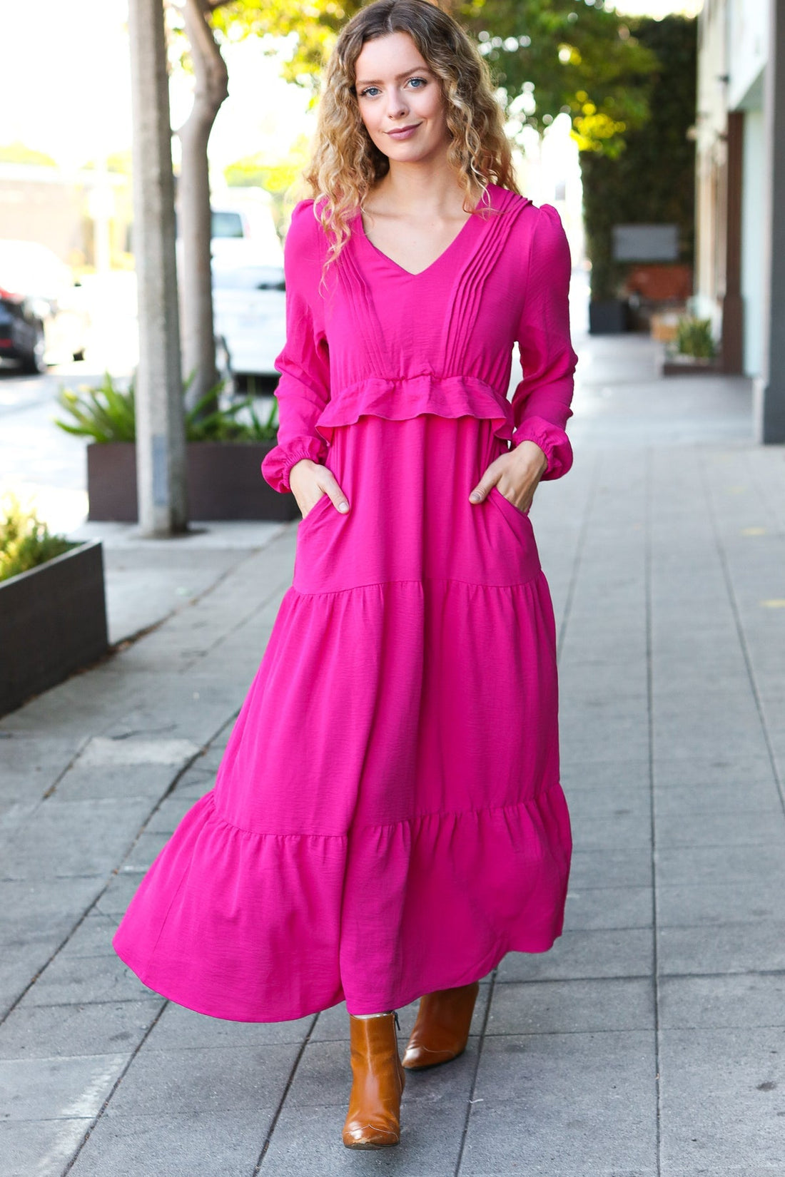Beautiful You Berry Pintuck Detail Frill V Neck Maxi Dress (Open Pack)