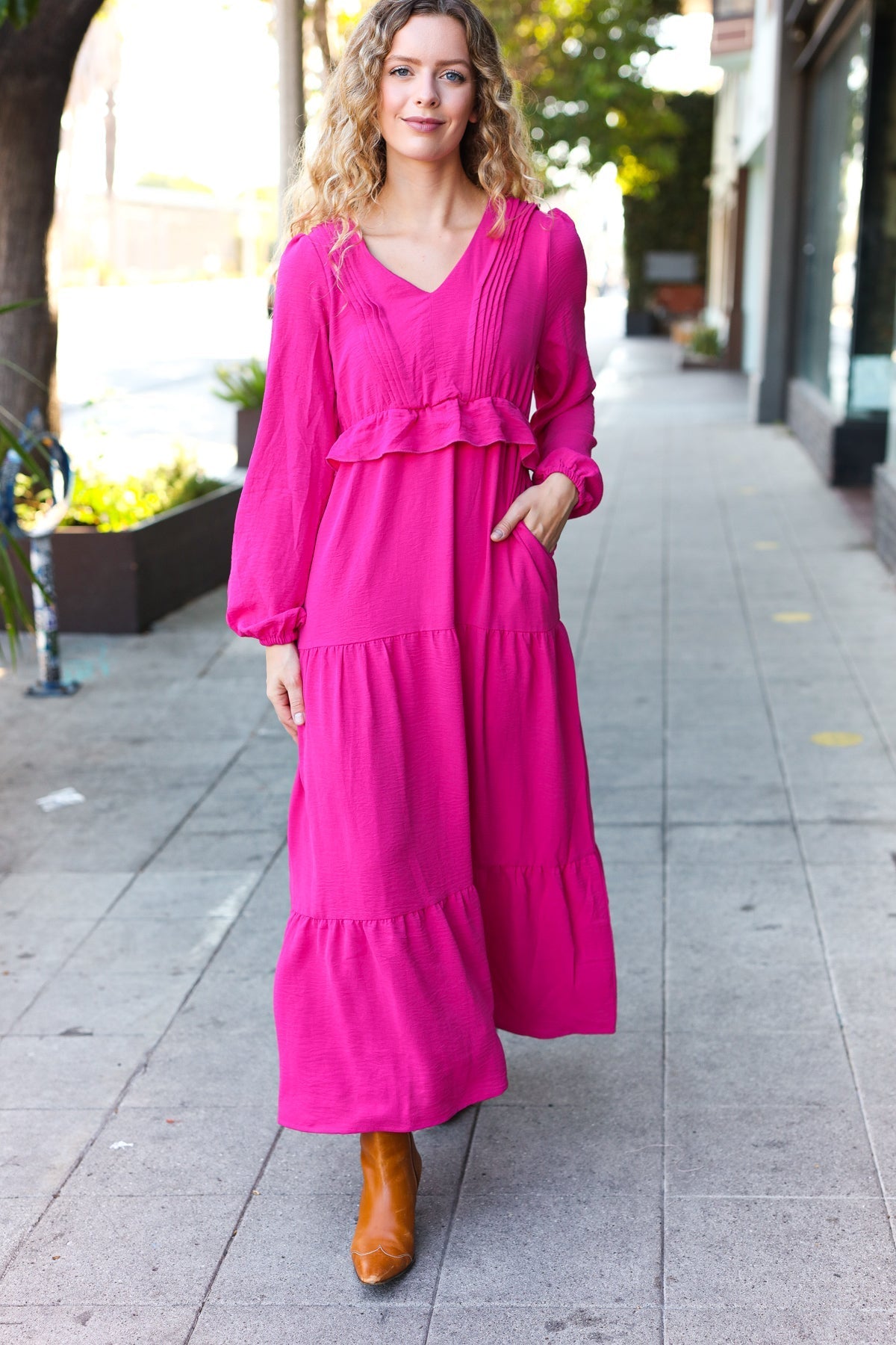 Beautiful You Berry Pintuck Detail Frill V Neck Maxi Dress (Open Pack)