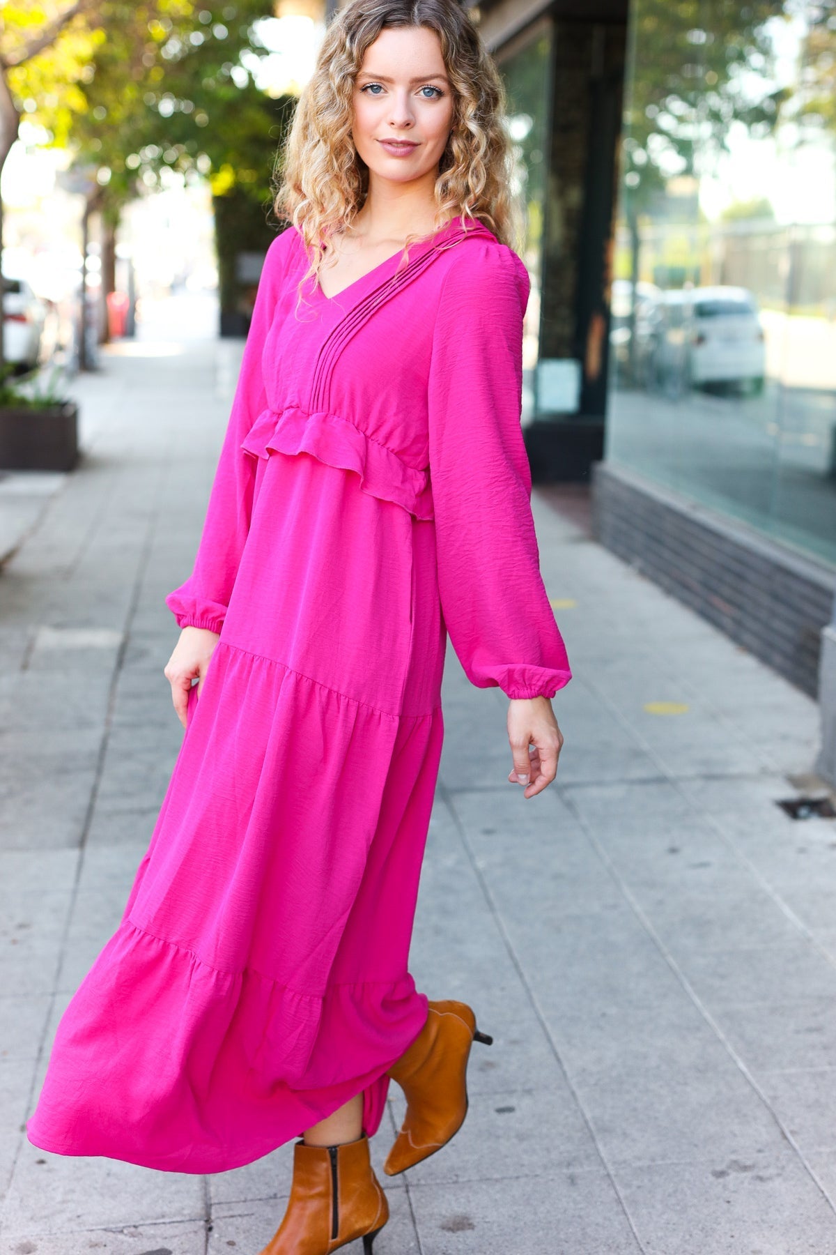Beautiful You Berry Pintuck Detail Frill V Neck Maxi Dress (Open Pack)