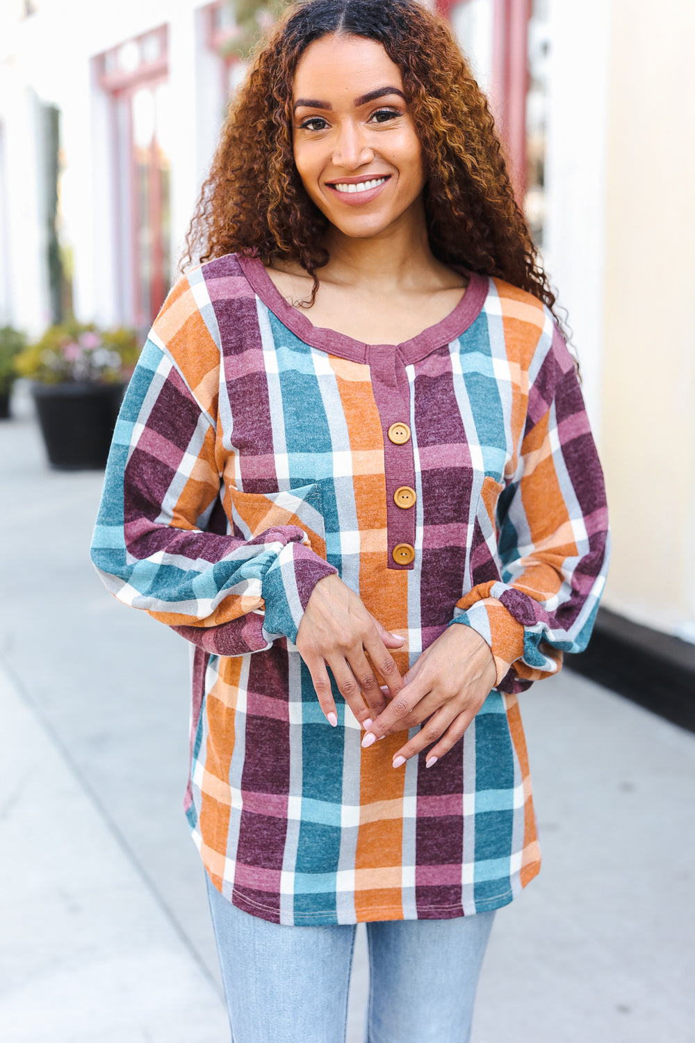 Adorable In Plaid French Terry Henley Pocket Top (Open Pack)