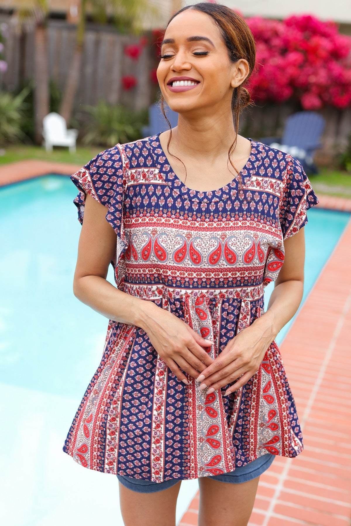 Navy Paisley Ribbed Top