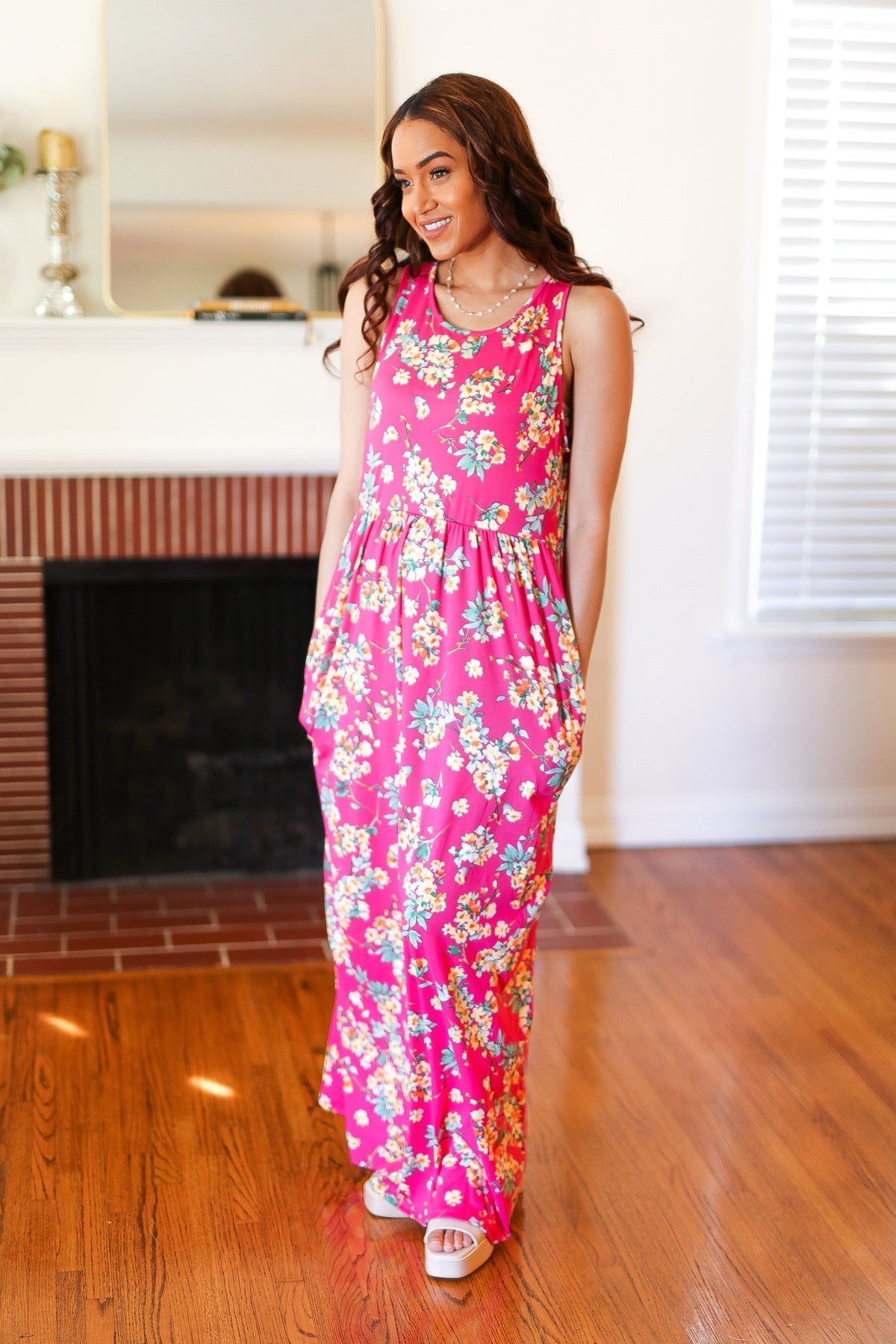 Pink Floral Print Fit and Flare Sleeveless Maxi Dress (Open Pack)