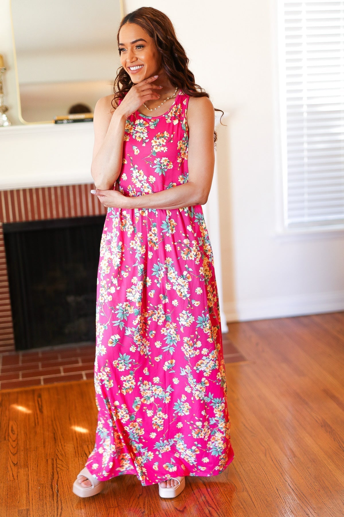 Pink Floral Print Fit and Flare Sleeveless Maxi Dress (Open Pack)