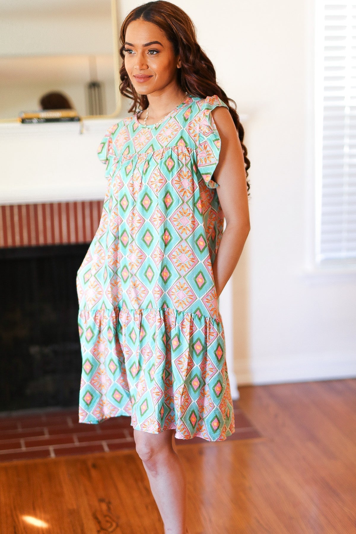 Mint Geo Boho Print Yoke Poplin Woven Dress (Open Pack)