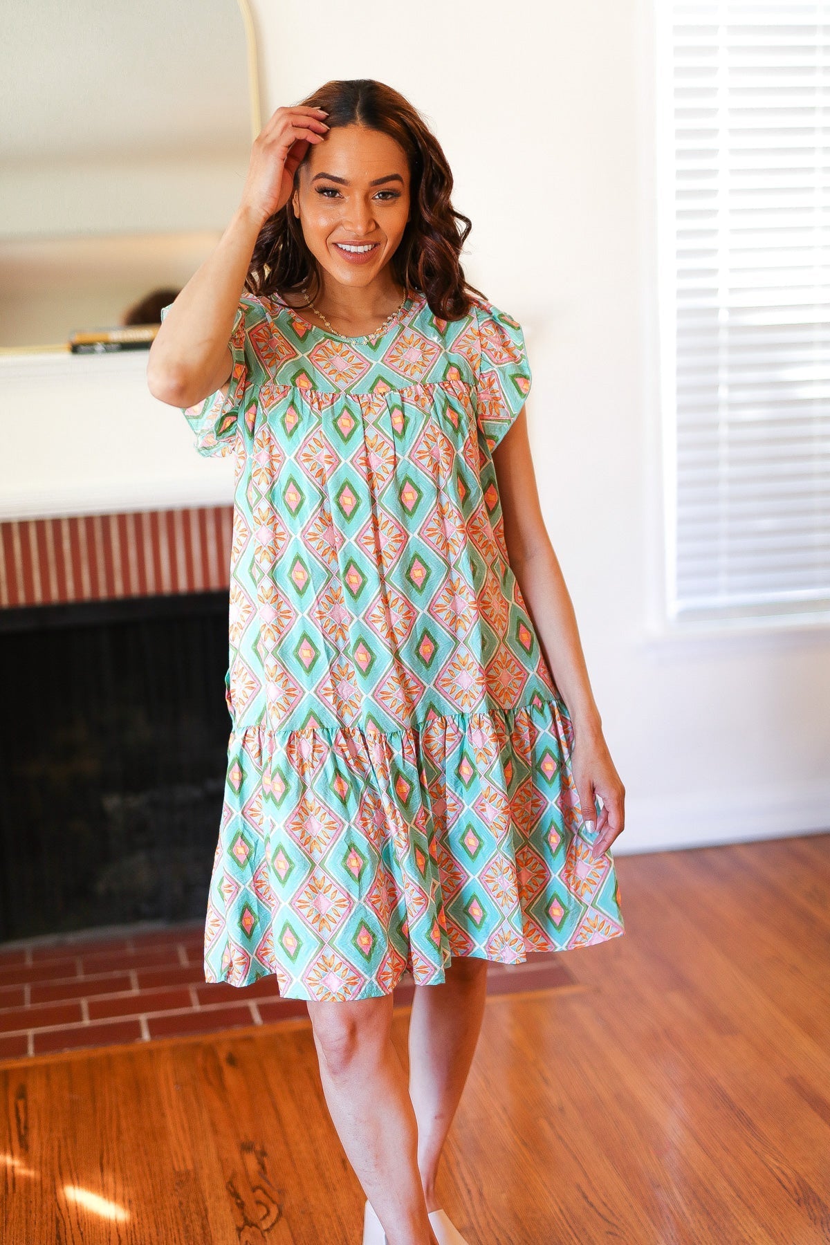 Mint Geo Boho Print Yoke Poplin Woven Dress (Open Pack)
