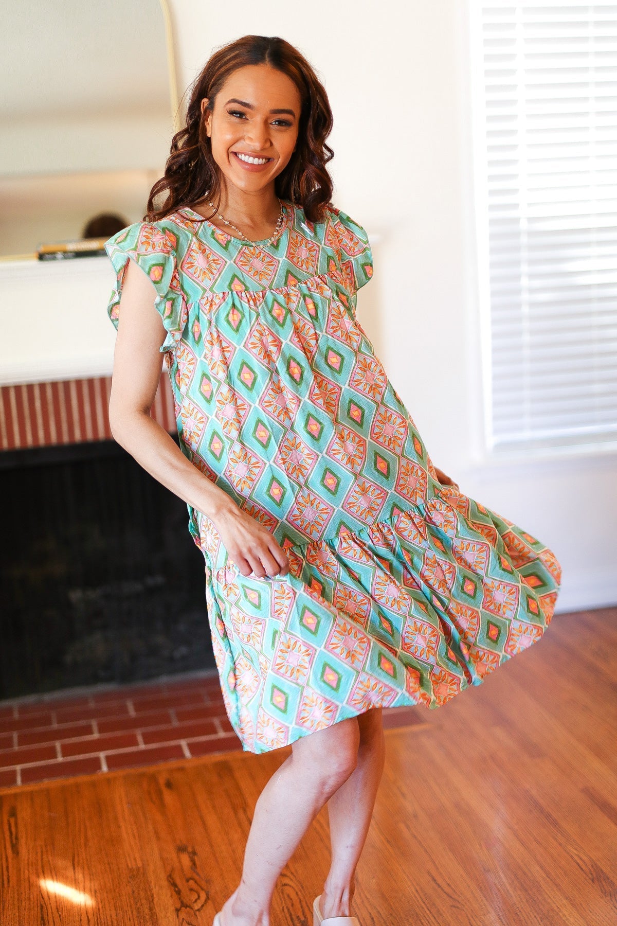 Mint Geo Boho Print Yoke Poplin Woven Dress (Open Pack)