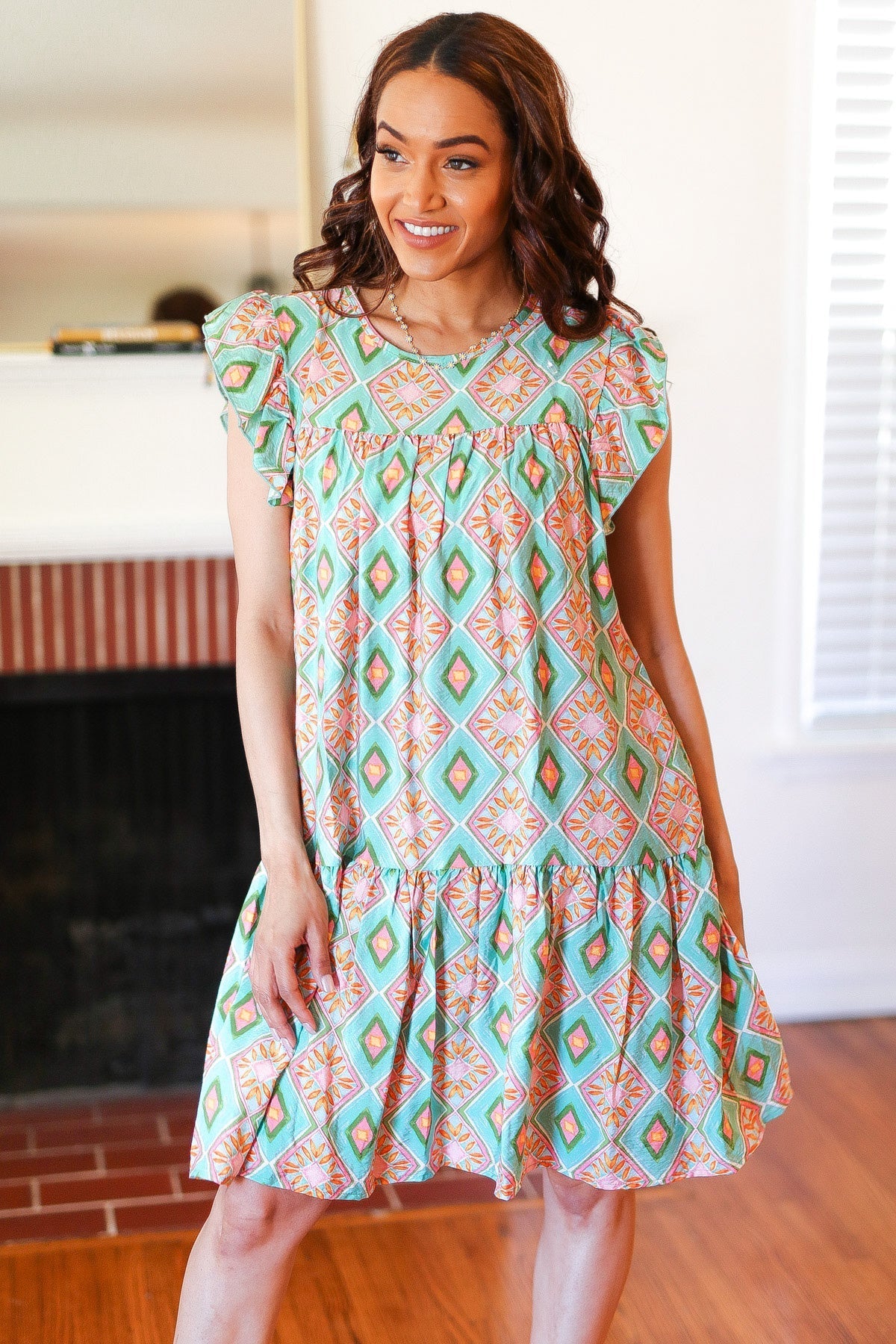 Mint Geo Boho Print Yoke Poplin Woven Dress (Open Pack)