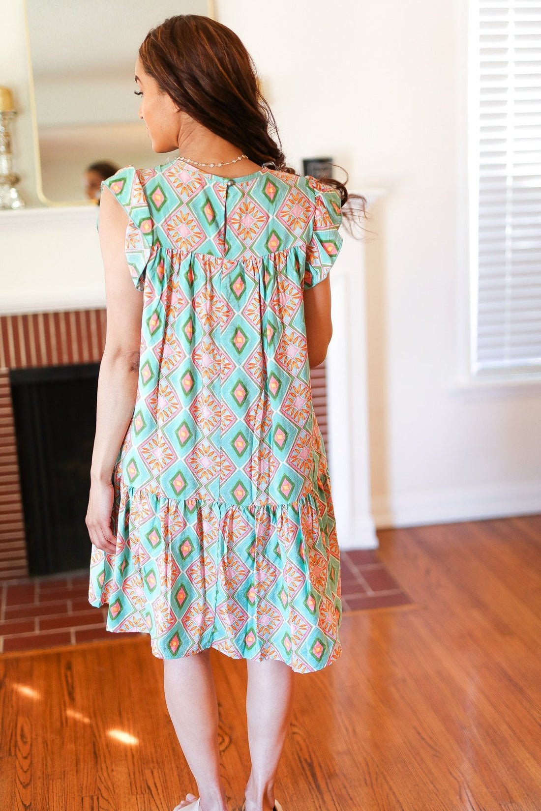 Mint Geo Boho Print Yoke Poplin Woven Dress (Open Pack)