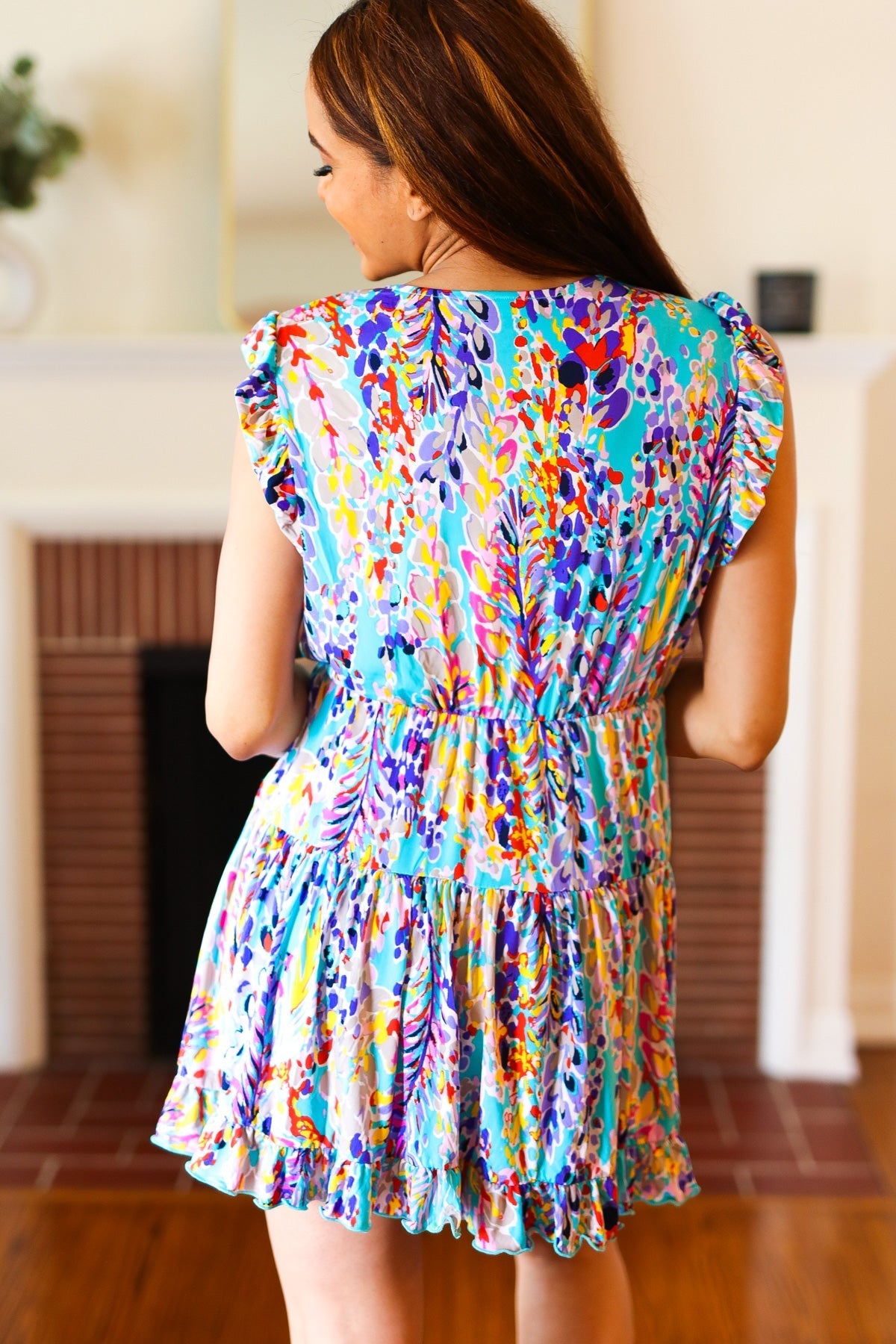 Just for Fun Aqua Floral V Neck Ruffle Sleeve & Hem Dress (Open Pack)