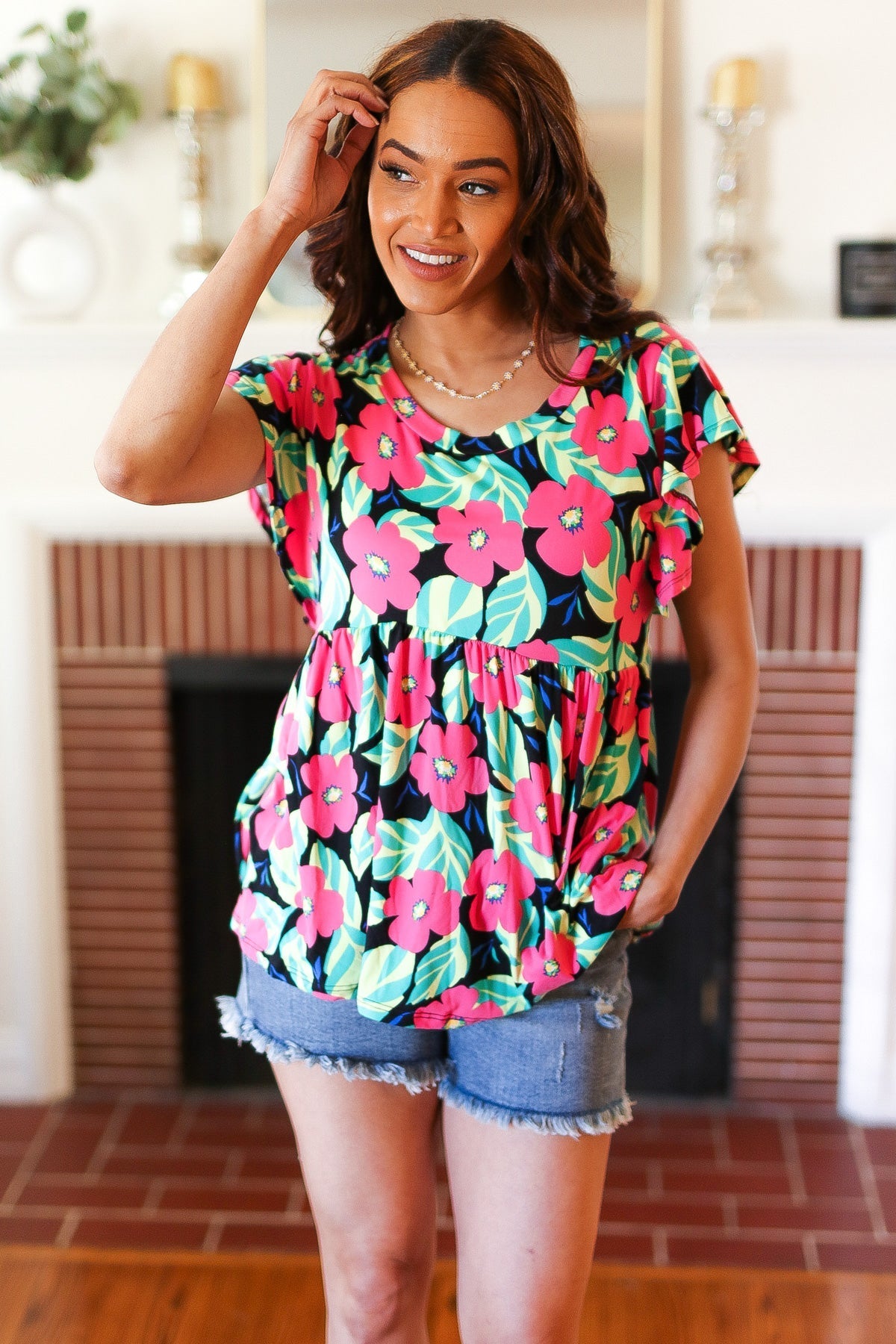 Black & Pink Floral Ruffle Short Sleeve Babydoll Top (Open Pack)