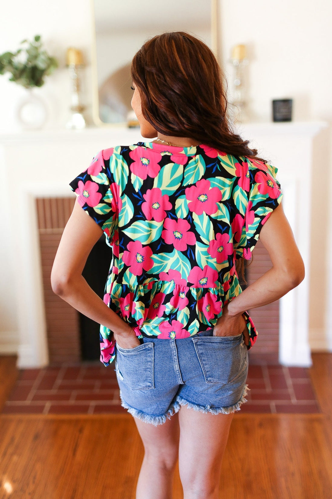 Black & Pink Floral Ruffle Short Sleeve Babydoll Top (Open Pack)