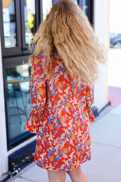 Under Your Spell Rust Floral Tie Front Elastic Bell Sleeve Dress (Open Pack)