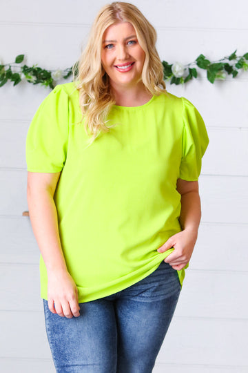 Neon Green Round Neck Puff Sleeve Crepe Top (Open Pack)